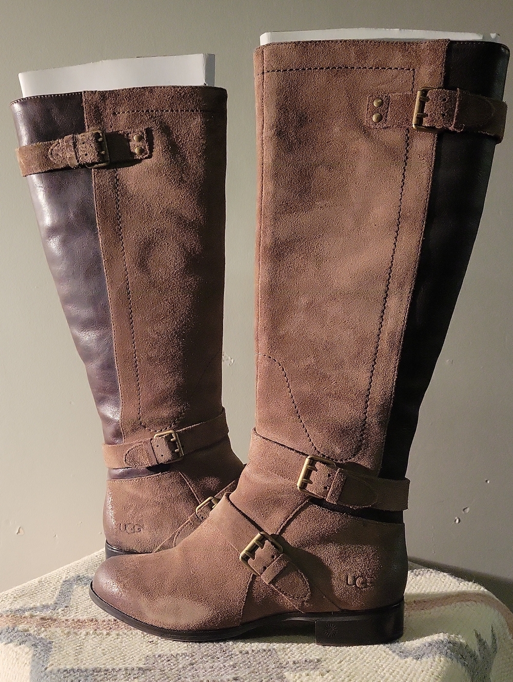 UGG Two-Tone Brown Over-the-Knee Suede & Leather Buckle Boots